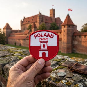 May include: A shield-shaped embroidered patch featuring a red and white horizontal design with a white castle tower icon in the center and the word POLAND printed in red capital letters across the top white section of the patch.