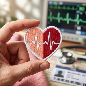 May include: A heart-shaped embroidered patch featuring a split design with a light peach left side and a deep red right side. A white stitched EKG heartbeat line runs horizontally across the center of the heart, framed by a thick white border.