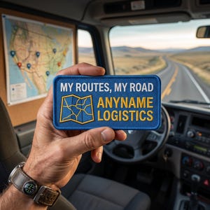 May include: A rectangular blue embroidered patch featuring the white text MY ROUTES, MY ROAD and the yellow text ANYNAME LOGISTICS, accompanied by a yellow outline of a map. The patch is held against a background of a truck interior and road.