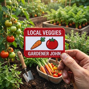 May include: A rectangular embroidered patch with a red border and white center. The text reads LOCAL VEGGIES at the top and GARDENER JOHN at the bottom. In the center, there is an orange carrot illustration next to a red tomato illustration.