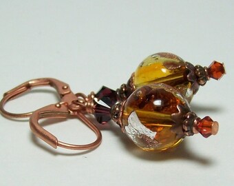 Copper and Venetian Glass Earrings. Topaz Murano Glass and Swarovski Crystal Earrings.