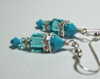 Swarovski Crystal Earrings. Turquoise Crystal Earrings. Sterling Silver. Sparkly. Swarovski Dangles. Crystal Cubes.