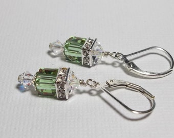 Swarovski Crystal Earrings. Peridot Green Earrings. Sterling Silver. Sparkly. Swarovski Dangles. Crystal Cubes.