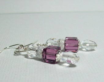 Swarovski Crystal Earrings. Purple Iris Earrings. Sterling Silver. Sparkly. Swarovski Dangles. Crystal Cubes.