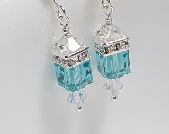 Swarovski Crystal Earrings. Turquoise Blue Earrings. Sterling Silver. Sparkly. Swarovski Dangles. Crystal Cubes.