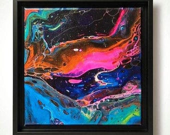 Original Galaxy Abstract Fluid Painting,Psychedelic Night Sky Home Decor,Blue Pink Neon Nebula Cosmic Canvas,Vibrant Space Acrylic Wall Art