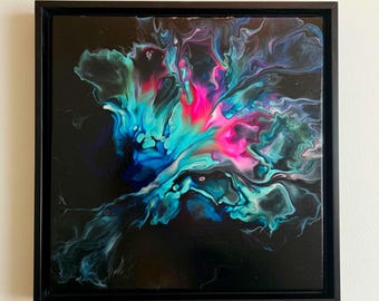 Abstract Fluid Art Painting, Framed Canvas Wall Art, Black Neon Cosmic Home Decor