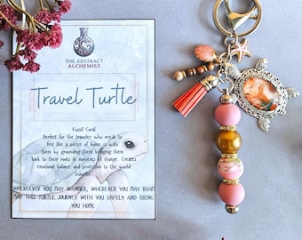 Travel Turtle Keychain, Blush Pink Acrylic Pour Cabochon, Ocean Lover Bag Charm