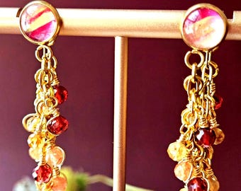 Handmade Multi Gemstone Fluid Art Cluster Earrings, Unique Colorful Accessory Statement Dangle for Sensitive Ears, Stainless Steel Post