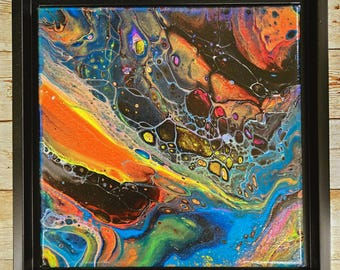 Cosmic Original Fluid Acrylic Pour Painting, Small Framed Abstract Wall Art, Galaxy Meteor Decor, Nature Inspired Gift, Handmade Painting