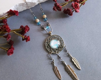Boho Dreamcatcher Aquamarine Necklace, Natural Gemstone Jewelry, Bohemian Feather Necklace, Meaningful Gift for Her