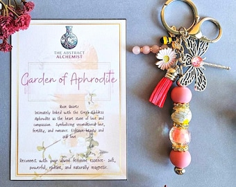 Pink Aphrodite Keychain, Rose Quartz Dragonfly Bag Charm, Goddess Floral Beaded Handbag Charm