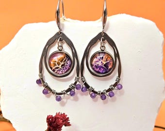 Amethyst Minimalist Earrings, Purple Hand-Poured Glass Cabochon, Handcrafted Hypoallergenic Stainless Steel Light Weight Wire Wrapped Dangle
