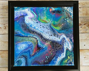 Original Acrylic Abstract Fluid Art Pour Painting, Deep Ocean Home Decor, Midnight Starry Blue Galaxy Wall Art, Unique Housewarming Gift