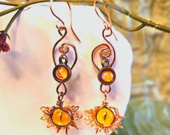 Sunburst Earrings, Citrine Dangle Bohemian Sun Earrings, Copper Wire Wrapped Whimsical Earrings, Handmade Acrylic Paint Pour Drop Earrings
