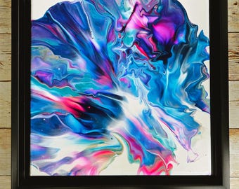 8x8 Original Fluid Acrylic Pour Painting, Framed Abstract Wall Art, Blue Purple Pink Floral Art, Cosmic Floral Décor, Housewarming Gift