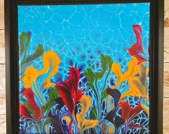 Colorful Coral Reef Abstract Acrylic Pour Painting, Blue Gold Burgundy Canvas Art, Small Ocean Coastal Wall Art, Nautical Home Decor