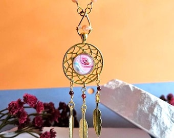 Dreamcatcher Agate Necklace, Boho Pour Painting Pendant, Feather Charm Jewelry