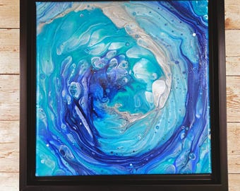 Blue Ocean Wave Abstract Acrylic Pour Painting, Small Boho Canvas Fluid Art Accent Decor, Ocean Home Decor, Grounding Meditation Gift