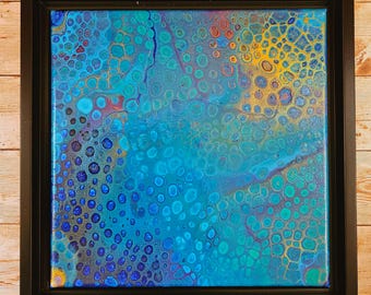 Abstract Acrylic Pour Painting, Ocean Canvas Wall Art, Teal Gold Blue Home Decor, Small Art Gift, Conversation piece, Mermaid Aesthetic