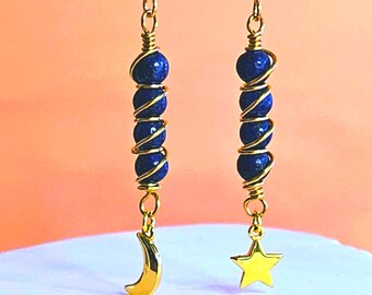 Lapis Lazuli Earrings, Celestial Whimsical Sun and Moon Dangle Charm, Midnight Blue Bohemian French Hooks, Wire Wrapped Gemstone Jewelry