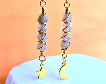 Celestial Labradorite Earrings, Dangle Mismatched Bronze Earrings, Moon and Star Spiritual Jewelry, Wire Wrapped Gemstone Earrings