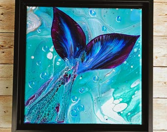 Mermaid Tail Original Fluid Acrylic Pour Painting, Ocean Wall Art, Teal Purple Blue Canvas, Nautical Home Decor, Abstract Coastal Art