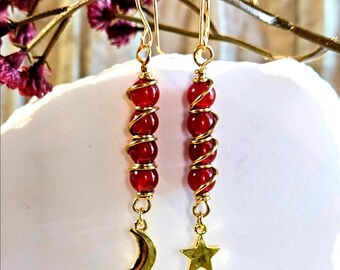 Carnelian Celestial Dangle Earrings, Jewelers Bronze Wire Wrapped Gemstone Earrings, Sun Moon Boho Drop Earrings, Handmade Jewelry