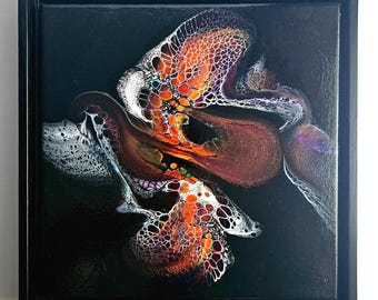 Deep Sea Magic Abstract Acrylic Pour Painting, Moody Black Canvas Art (10x10 Inch)