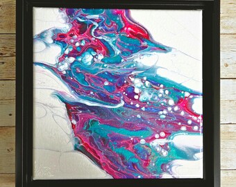 Teal Magenta Purple Wall Décor, Framed Abstract Wall Art, 8x8 Original Fluid Acrylic Pour Painting, Ocean Inspired Art, Housewarming Gift