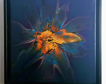 Quiet Bloom Acrylic Pour Painting, Deep Blue Copper Floral Canvas Art (10x10 Inch)