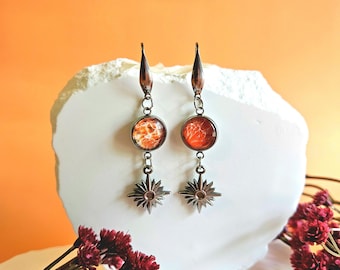 Sunburst Earrings, Orange Glass Cabochon Sun Earrings, Wearable Art Jewelry, Lightweight Dangle Hook