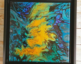 Golden Fluid Abstract Acrylic Artwork, Teal Ocean Canvas, Deep Sea Galaxy Wall Decor, Boho Coastal Gift, Unique Housewarming Gift, Ocean Art