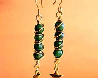 Jade Dangle Earrings, Mismatched Sun Moon Earrings, Bohemian Style Jewelry