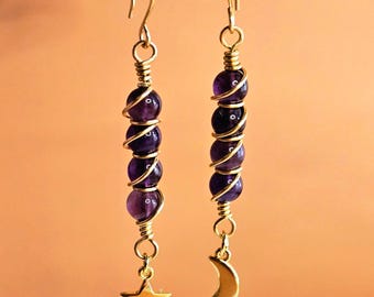 Amethyst Earrings, Mismatched Star and Moon Earrings, Raw Bronze Jewelry, Handmade Celestial Natural Gemstone Dangles