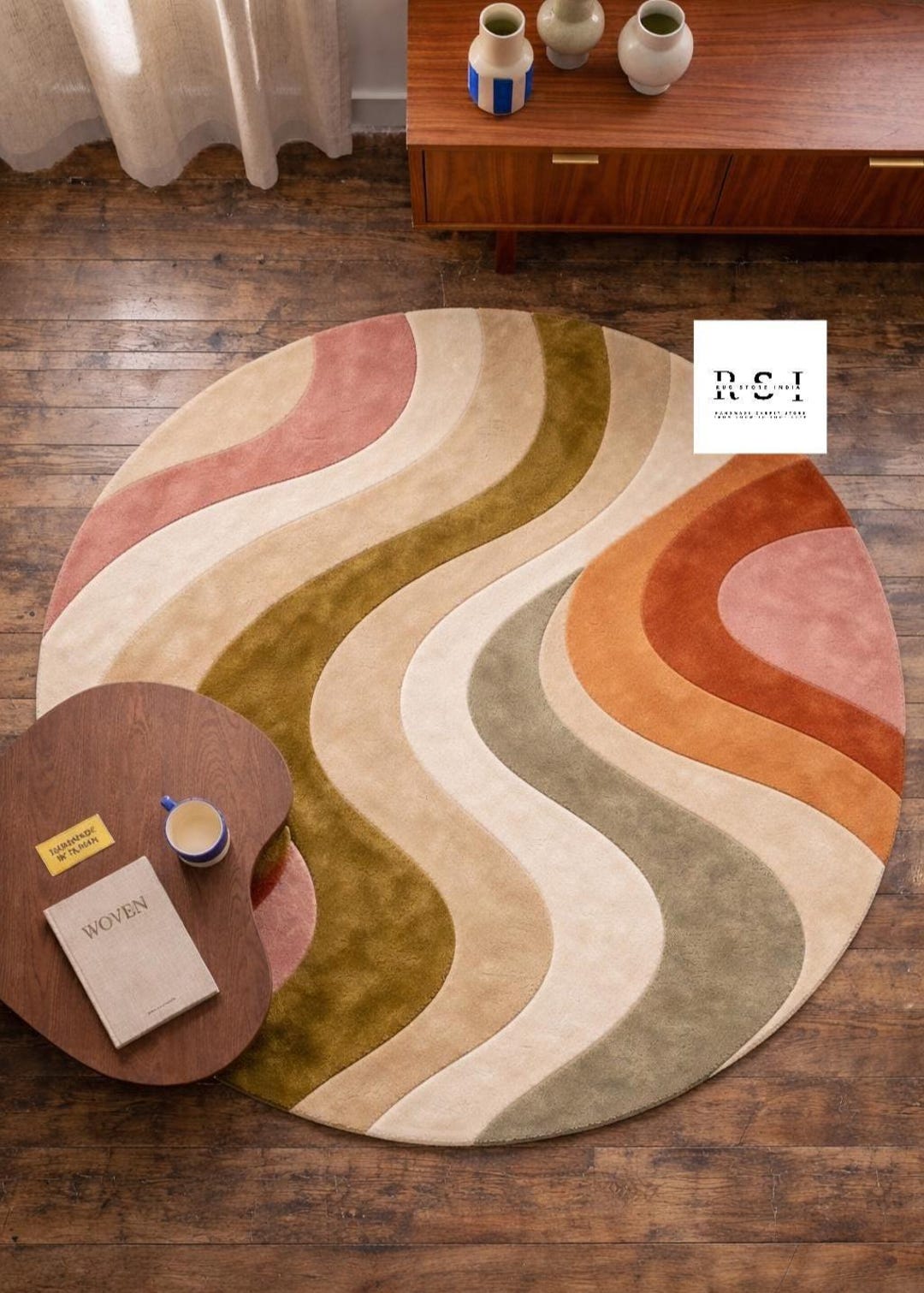 Deep Raspberry Rug Swirl Hand Tufted Wavy Round Rug - Swirl Wool Area Rug Pink Blush 5, 7, 8, 9 ...
