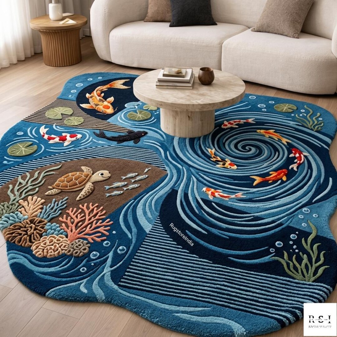 Fish Tuft Rug 3D Tufted Koi Fish Pond Rug – Ocean Blue Irregular Carpet With Sea ...