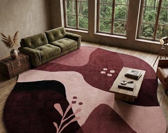 Alfombra abstracta irregular hecha a mano con mechones, color burdeos, granate y rosa rubor, forma orgánica, estilo boho ondulado, alfombra contemporánea de lana suave.
