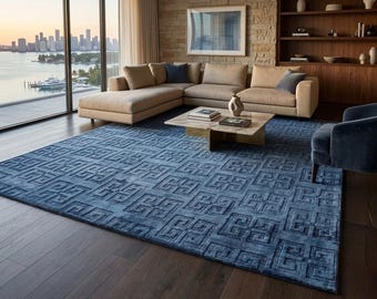 Handvävd blå matta 9x12 tuftad matta Gabbeh viskosmatta 10x14 jordfärgad dekormatta | För alla bostadsutrymmen.