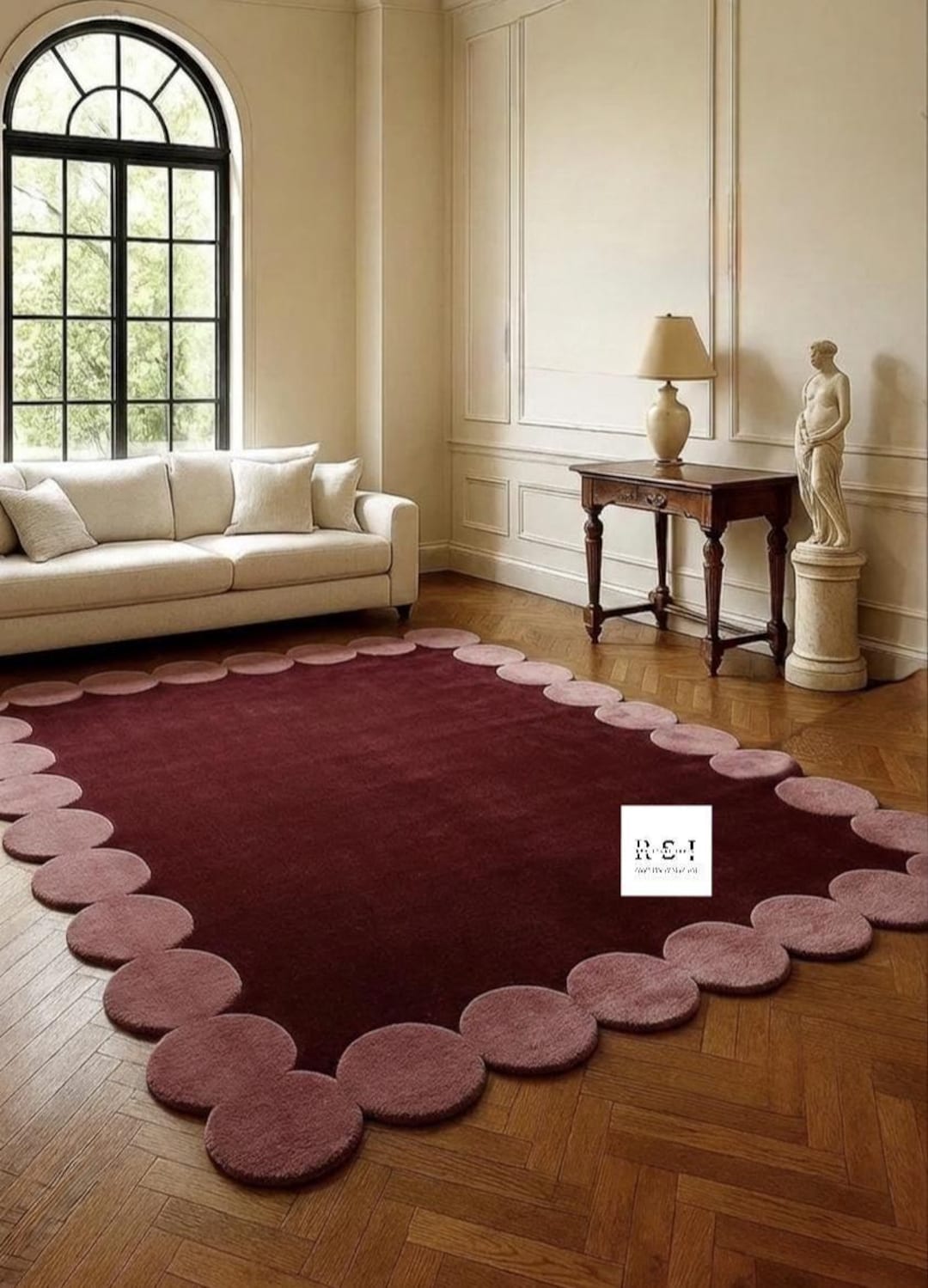 Maroon Border Rug Maroon Scalloped Hand Tufted Rug | Wavy Border Wool Area Rug in ...