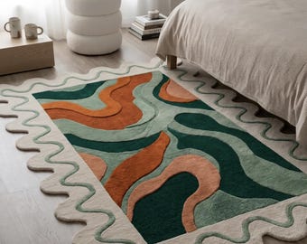 Hand Tufted Wool Rug - Forest Green, Terracotta & Sage Abstract Wavy Scalloped Area Rug Organic Modern Carpet - Large Statement Rug