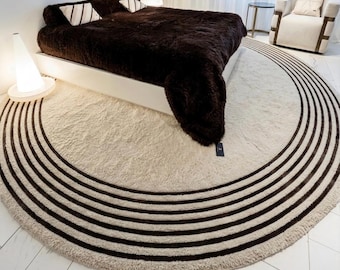 Alfombra redonda moderna minimalista tejida a mano - Alfombra geométrica con ilusión óptica 3D - Alfombra de lujo de felpa color crema y marrón oscuro para dormitorio