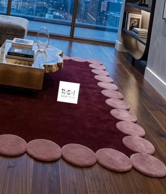 Maroon Border Rug Maroon Scalloped Hand Tufted Rug | Wavy Border Wool Area Rug in ...