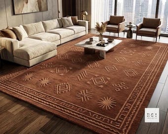 Tapete Gabbeh grande em terracota com tufos e estampa geométrica de raios de sol - Tapete minimalista personalizado marrom - Decoração moderna para piso - Tapete artesanal da Índia - 1,5 x 2,4 m 2,4 x 3 m