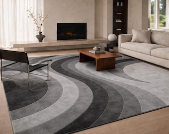 Hand Tufted Wavy Wool Rug - Modern Charcoal Grey Area Rug 200x300, Minimalist Plush Carpet for Living Room, Custom Luxury Rug