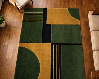 Alfombra moderna tejida a mano en verde, dorado y negro - Alfombra geométrica abstracta de lana de 9x15 pies, alfombra minimalista de estilo de mediados de siglo, tamaño personalizado disponible.