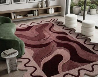 Maroon Scalloped Hand Tufted Rug Wavy Border Wool Area Rug in Burgundy and Pink | Modern Abstract Irregular Rug | Maximalist Home Decor