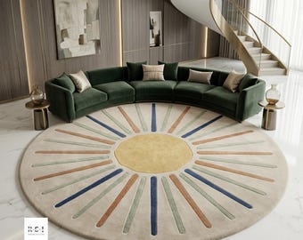 Alfombra moderna tejida a mano con diseño de rayos de sol / Alfombra redonda abstracta de 3 metros para sala de estar / Alfombra circular estilo boho retro de los años 70 / Alfombra de tamaño personalizado