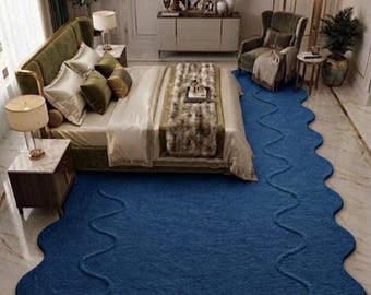 Alfombra azul festoneada hecha a mano - Alfombra moderna de lana tejida a mano con borde ondulado, alfombra irregular de felpa azul marino / Tamaño personalizado disponible