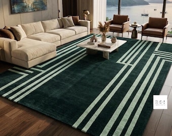 Alfombra tejida a mano - Alfombra con borde ondulado azul verdoso y verde - Decoración moderna escandinava para el hogar - Alfombra grande de lana afelpada para sala de estar y dormitorio